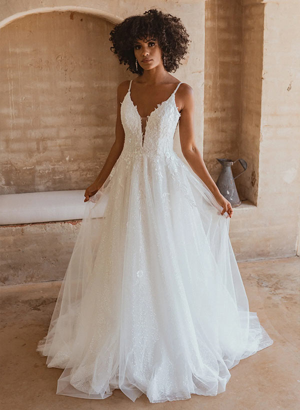 Ball-Gown V-neck Sleeveless Sweep Train Tulle Wedding Dresses With Appliques Lace
