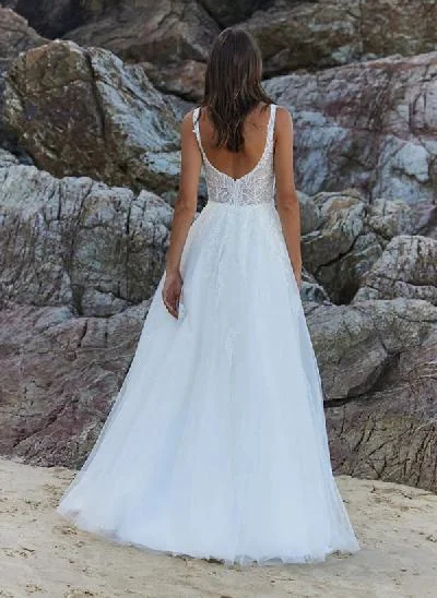 A-Line Square Neckline Sleeveless Tulle Wedding Dresses With Appliques Lace