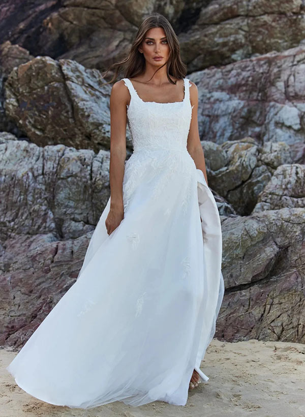 A-Line Square Neckline Sleeveless Tulle Wedding Dresses With Appliques Lace