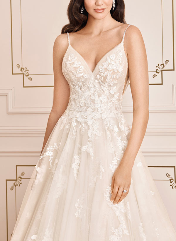 A-Line Sweetheart Sleeveless Tulle Wedding Dresses With Appliques Lace