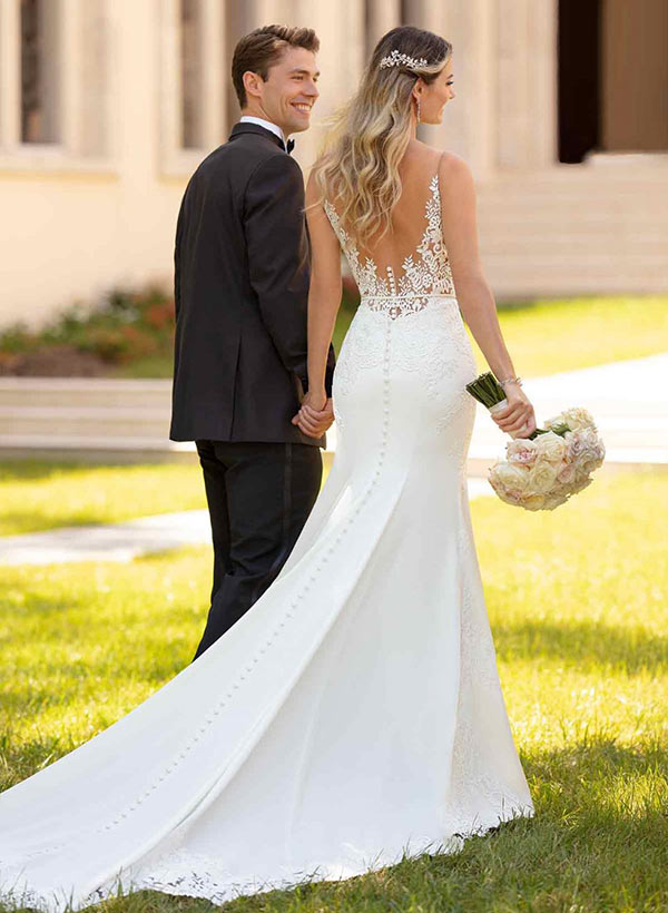 V-neck Sleeveless Court Train Elastic Satin Wedding Dresses Split Front