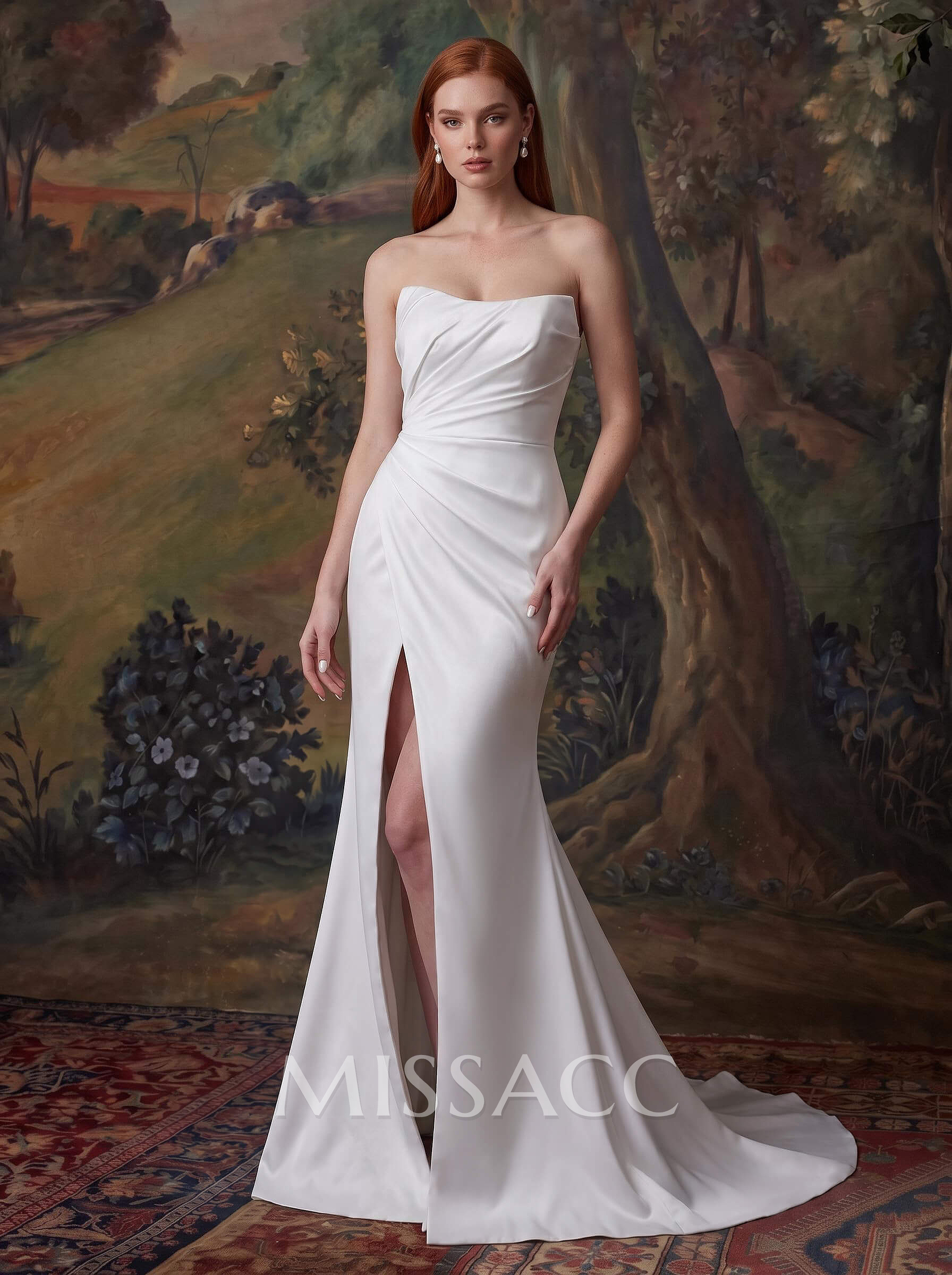 Mermaid Strapless Sleeveless Sweep Train Elastic Satin Wedding Dresses With Split Front