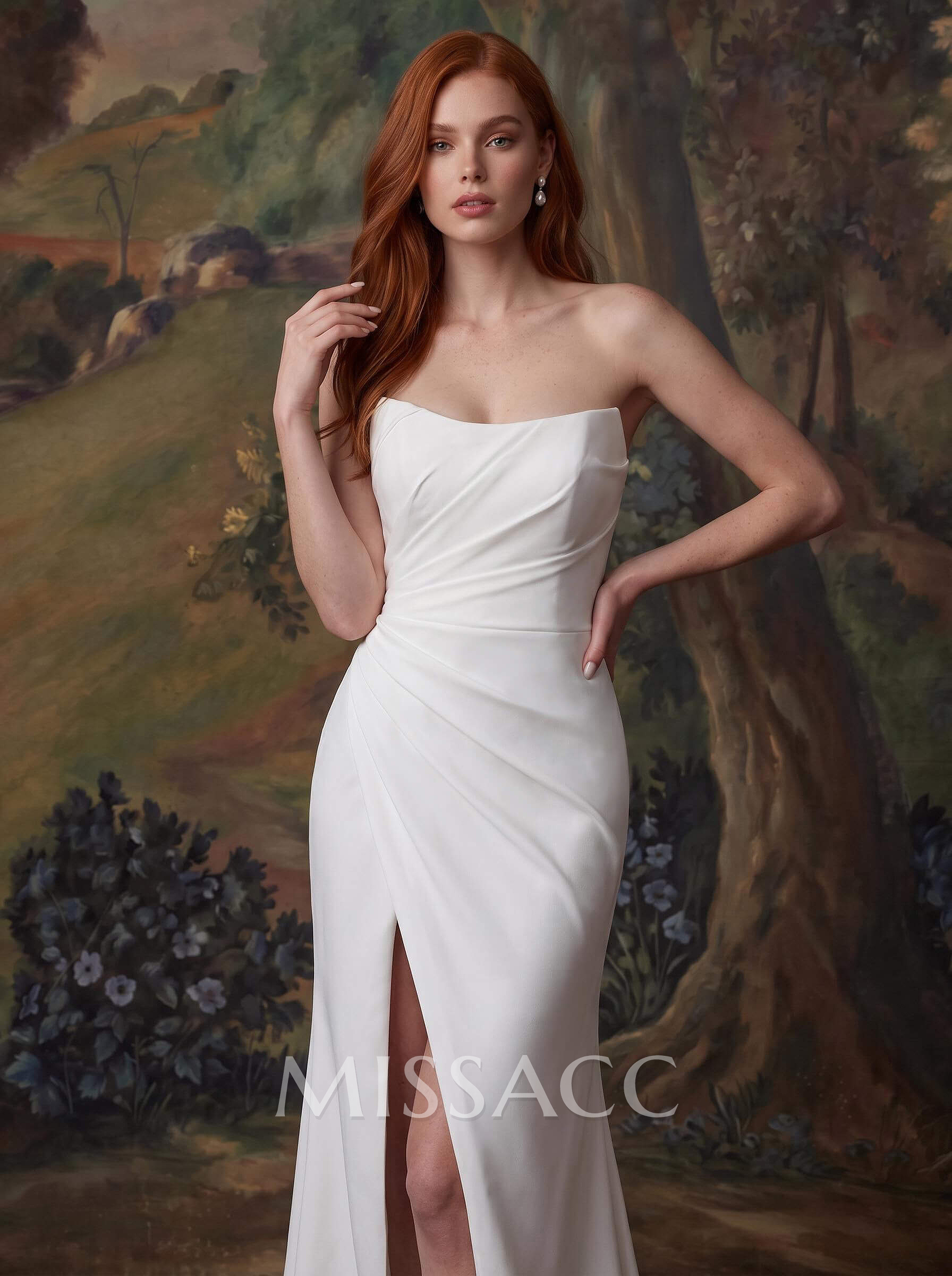 Mermaid Strapless Sleeveless Sweep Train Elastic Satin Wedding Dresses With Split Front