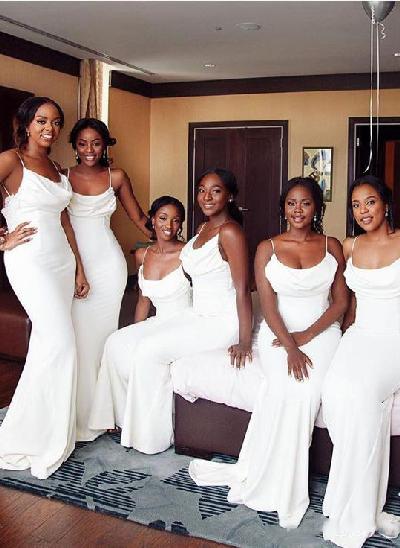 Cowl Neck Fitted White Long Bridesmaid Dresses
