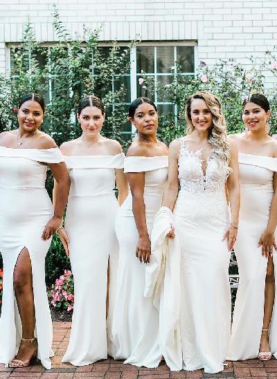Ivory Off-the-Shoulder Fitted Slit Bridesmaid Dresses
