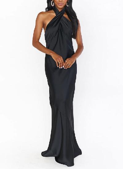 Sheath Halter Sleeveless Floor-Length Silk like Satin Bridesmaid Dresses