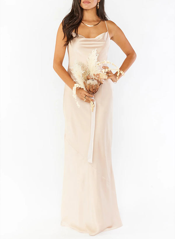 Sheath Cowl Neck Sleeveless Floor-Length Silk Like Satin Bridesmaid Dresses