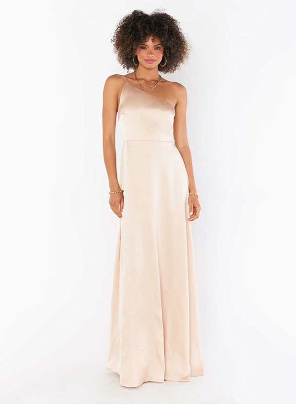A-Line One-Shoulder Sleeveless Floor-Length Silk like Satin Bridesmaid Dresses With Split Front