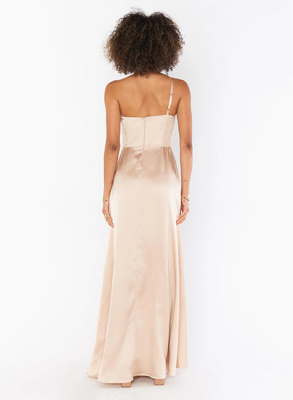 A-Line One-Shoulder Sleeveless Floor-Length Silk like Satin Bridesmaid Dresses With Split Front