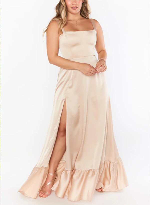 A-Line Square Neckline Sleeveless Ankle-Length Silk like Satin Bridesmaid Dresses With Split Front