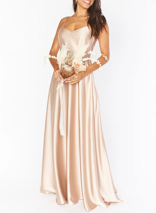 A-Line V-neck Sleeveless Floor-Length Silk like Satin Bridesmaid Dresses
