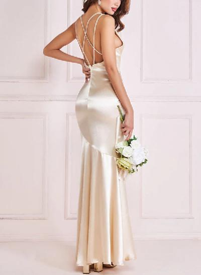 Sheath Cowl Neck Sleeveless Floor-Length Silk like Satin Bridesmaid Dresses