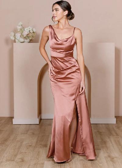 Sheath Cowl Neck Sleeveless Floor-Length Silk like Satin Bridesmaid Dresses With Split Front