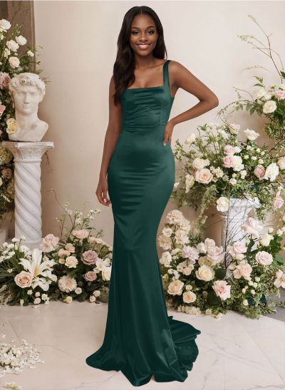 Mermaid Square Neckline Sleeveless Sweep Train Silk Like Satin Bridesmaid Dresses