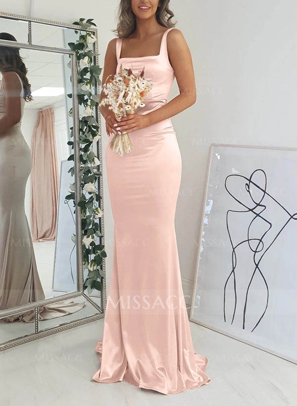 Mermaid Square Neckline Sleeveless Sweep Train Silk Like Satin Bridesmaid Dresses