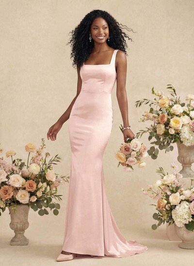 Mermaid Square Neckline Sleeveless Sweep Train Silk Like Satin Bridesmaid Dresses