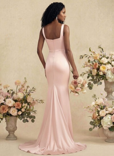 Mermaid Square Neckline Sleeveless Sweep Train Silk Like Satin Bridesmaid Dresses