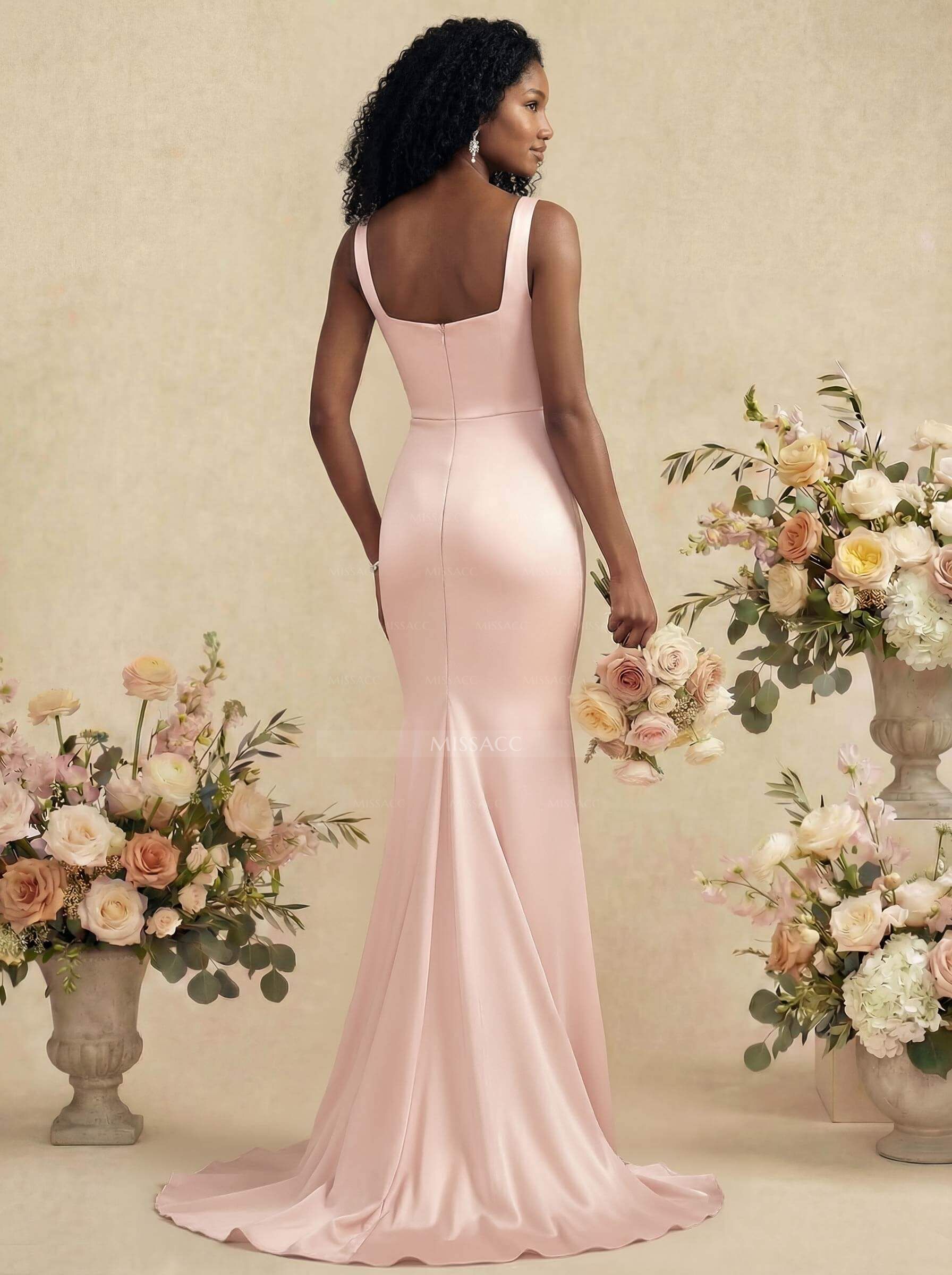 Mermaid Square Neckline Sleeveless Sweep Train Silk Like Satin Bridesmaid Dresses