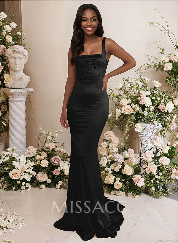 Mermaid Square Neckline Sleeveless Sweep Train Silk Like Satin Bridesmaid Dresses
