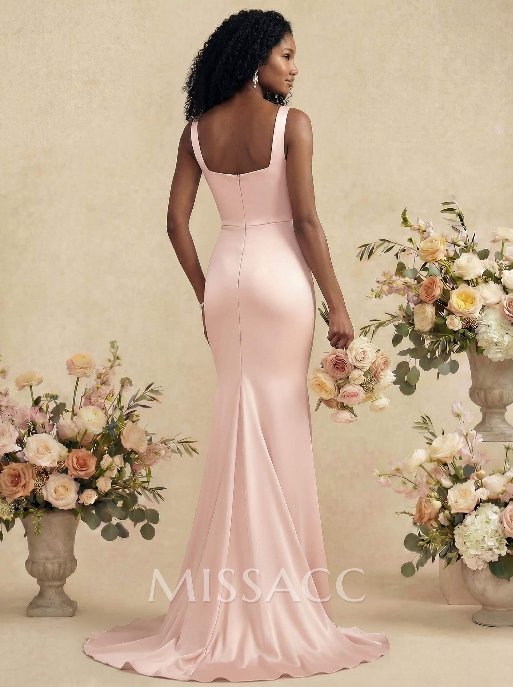Mermaid Square Neckline Sleeveless Sweep Train Silk Like Satin Bridesmaid Dresses