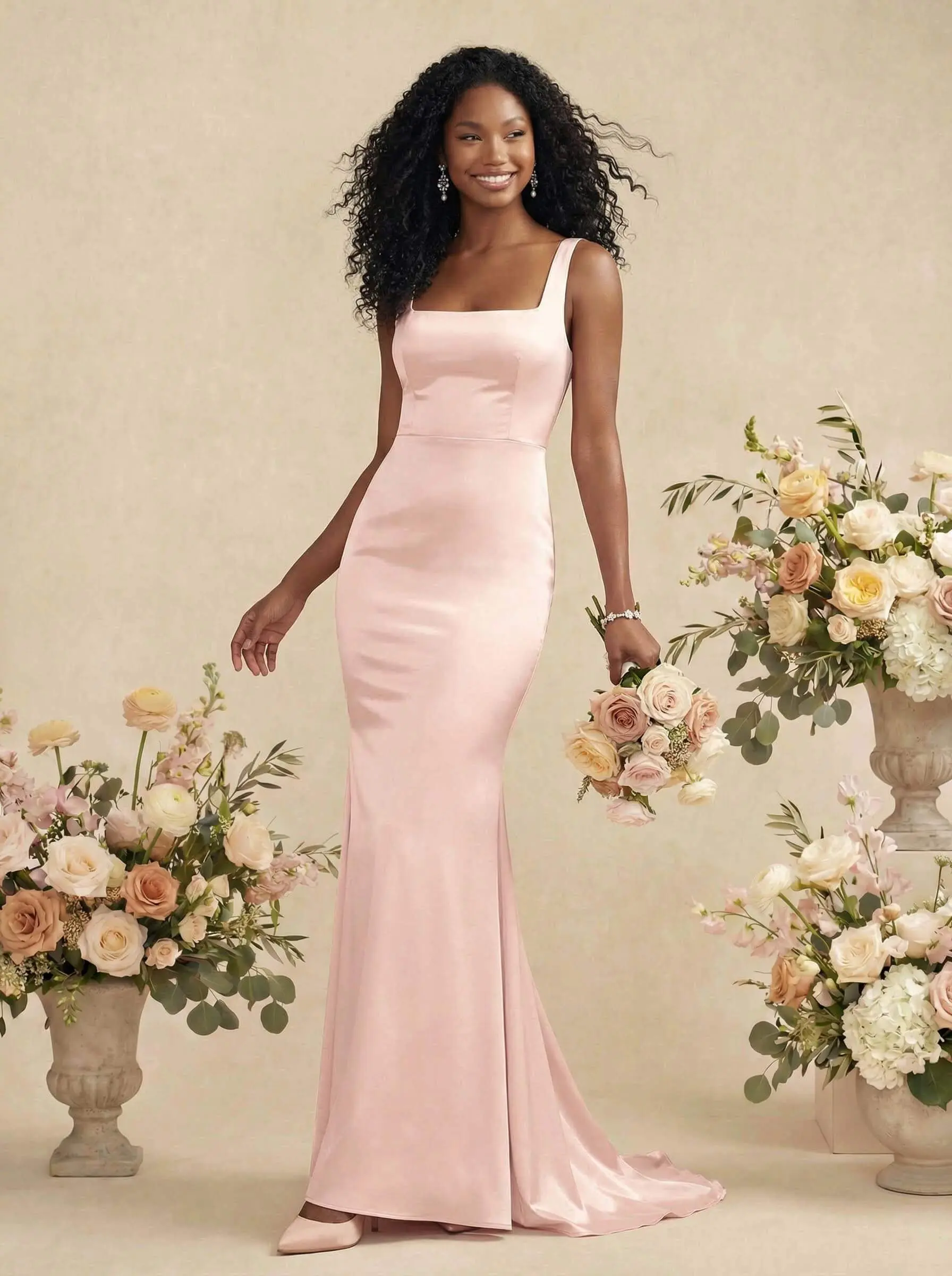 Mermaid Square Neckline Sleeveless Sweep Train Silk Like Satin Bridesmaid Dresses