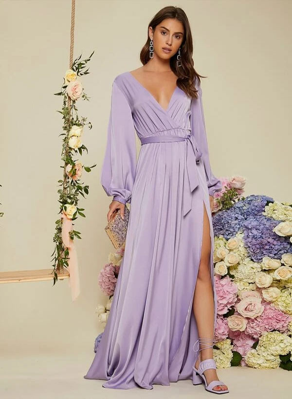 A-Line V-neck Long Sleeves Floor-Length charmeuse Bridesmaid Dresses With Split Front