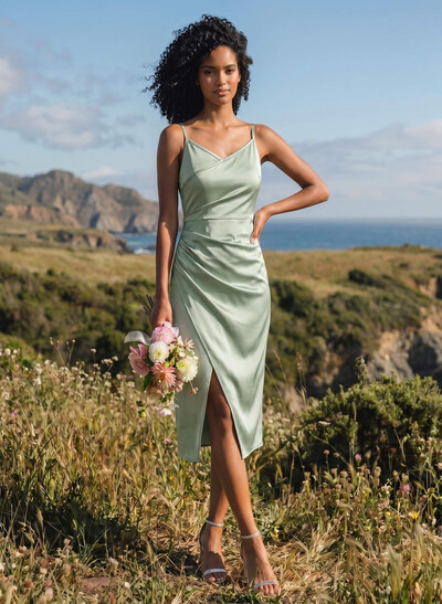 Sheath V-Neck Sleeveless Tea-Length Satin Bridesmaid Dresses With Split Front