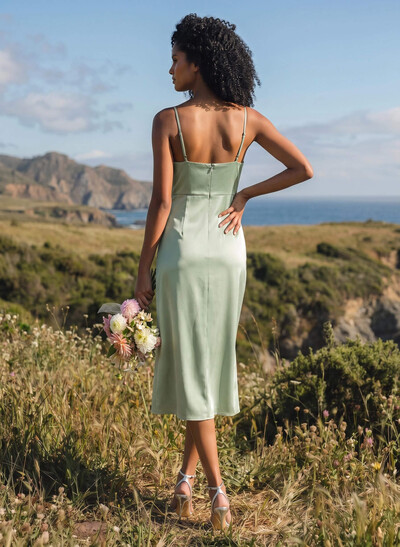 Sheath V-Neck Sleeveless Tea-Length Satin Bridesmaid Dresses With Split Front