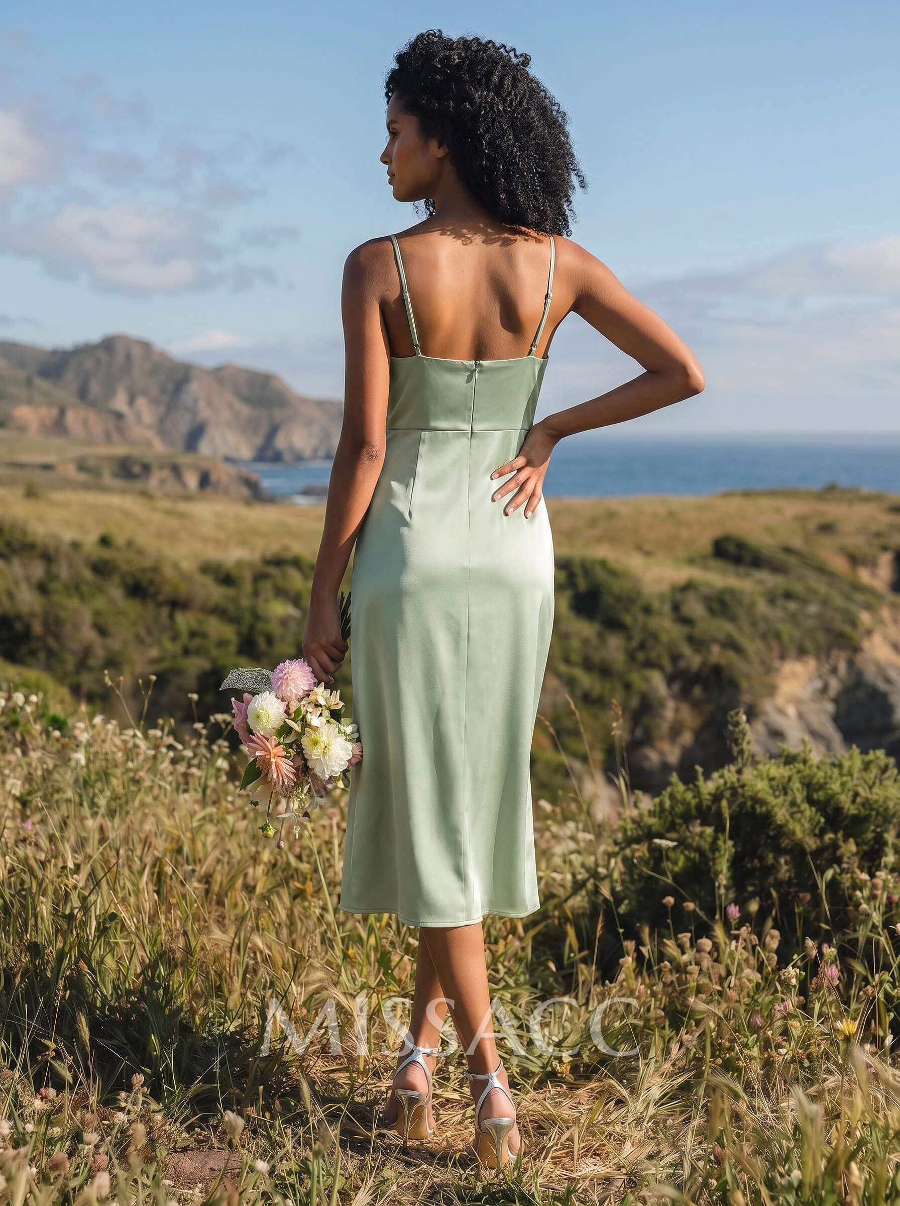 Sheath V-Neck Sleeveless Tea-Length Satin Bridesmaid Dresses With Split Front