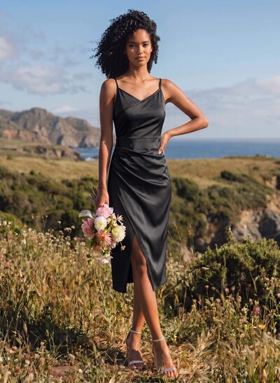 Sheath V-Neck Sleeveless Tea-Length Satin Bridesmaid Dresses With Split Front