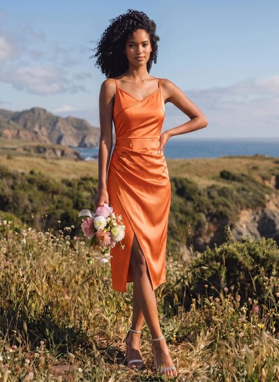 Sheath V-Neck Sleeveless Tea-Length Satin Bridesmaid Dresses With Split Front