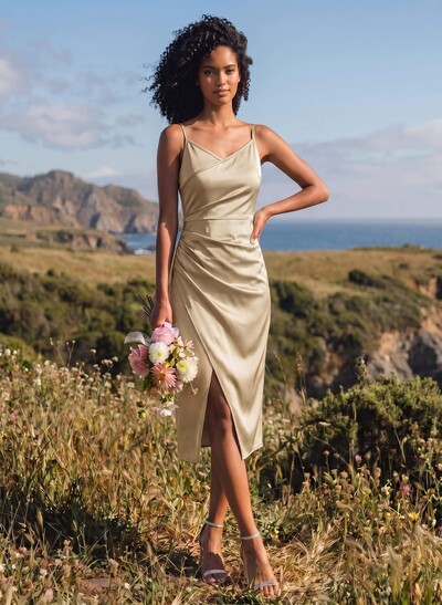 Satin Sheath V-Neck Sleeveless Midi Bridesmaid Dresses With Front Slit