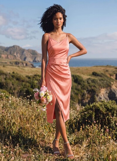 Sheath V-Neck Sleeveless Tea-Length Satin Bridesmaid Dresses With Split Front