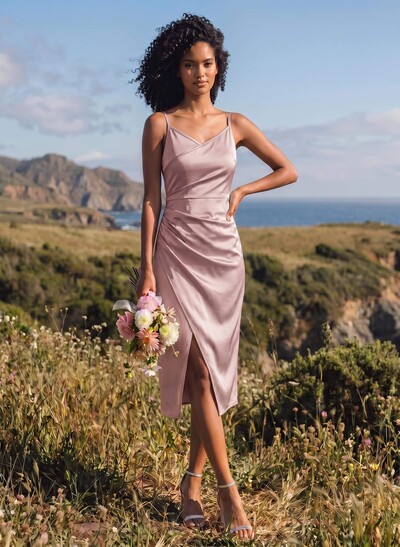 Sheath V-Neck Sleeveless Tea-Length Satin Bridesmaid Dresses With Split Front