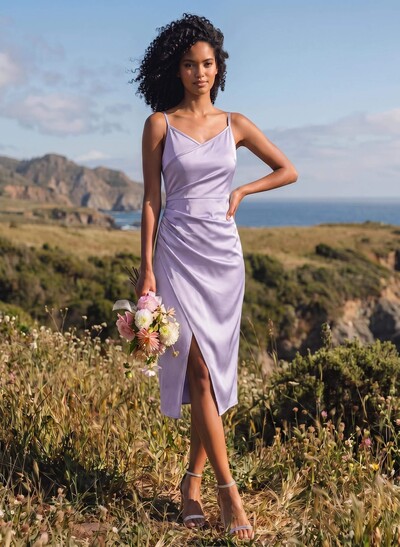 Satin Sheath V-Neck Sleeveless Midi Bridesmaid Dresses with Front Slit