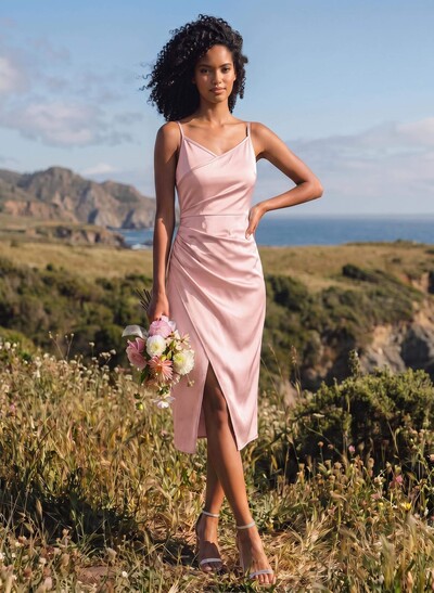 Sheath V-Neck Sleeveless Tea-Length Satin Bridesmaid Dresses With Split Front