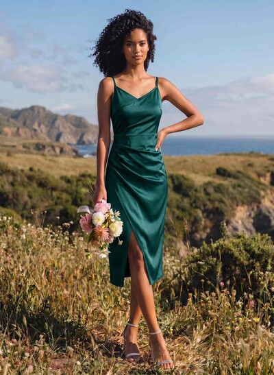 Sheath V-Neck Sleeveless Tea-Length Satin Bridesmaid Dresses With Split Front