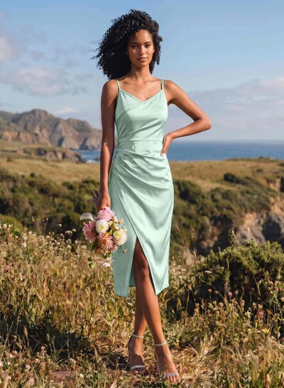 Sheath V-Neck Sleeveless Tea-Length Satin Bridesmaid Dresses With Split Front
