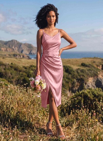 Sheath V-Neck Sleeveless Tea-Length Satin Bridesmaid Dresses With Split Front