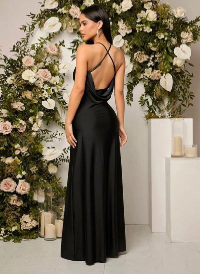Sheath V-neck Sleeveless Floor-Length Satin Bridesmaid Dresses With Split Front