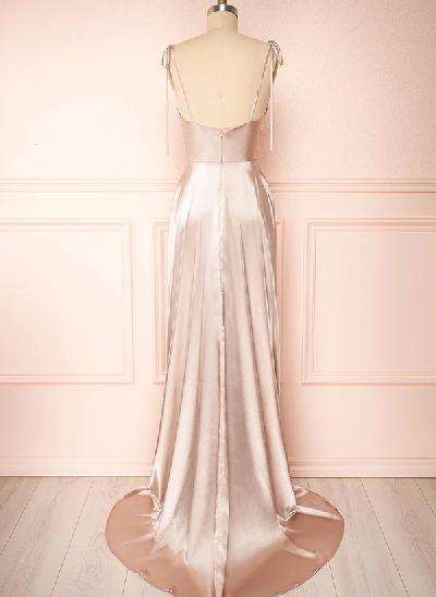 A-Line Cowl Neck Sexy Spaghetti Straps Satin Bridesmaid Dresses With High Split