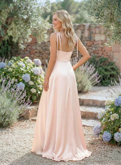 A-Line Cowl Neck Sexy Spaghetti Straps Silk Like Satin Bridesmaid Dresses With High Split
