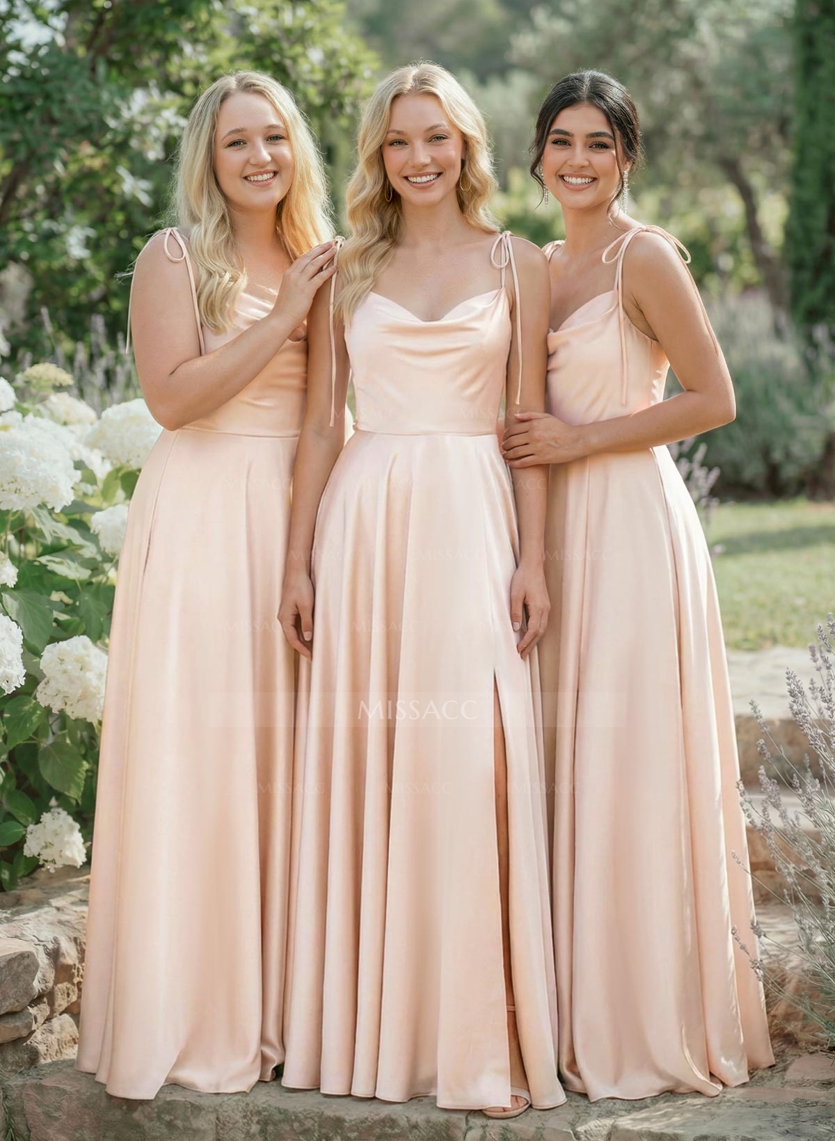 A-Line Cowl Neck Sexy Spaghetti Straps Silk Like Satin Bridesmaid Dresses With High Split