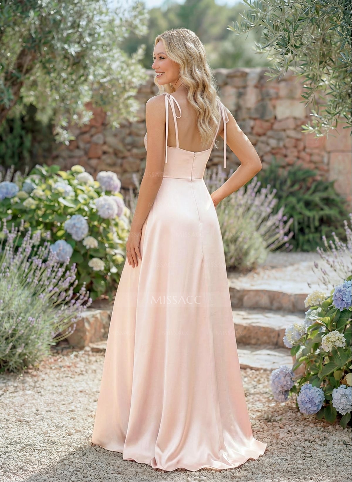 A-Line Cowl Neck Sexy Spaghetti Straps Silk Like Satin Bridesmaid Dresses With High Split