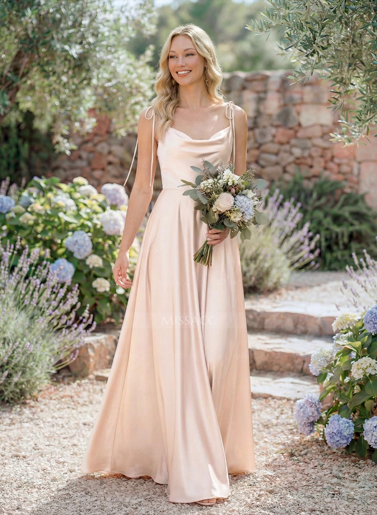 A-Line Cowl Neck Sexy Spaghetti Straps Silk Like Satin Bridesmaid Dresses With High Split