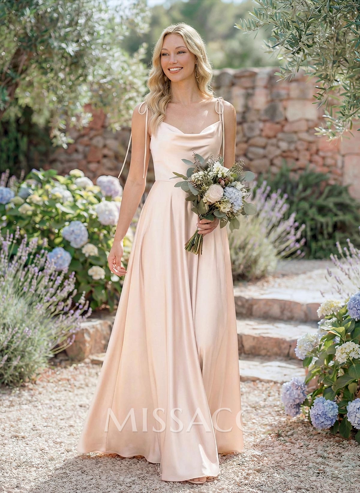 A-Line Cowl Neck Sexy Spaghetti Straps Silk Like Satin Bridesmaid Dresses With High Split A-Line Cowl Neck Sexy Spaghetti Straps Silk Like Satin Bridesmaid Dresses With High Split