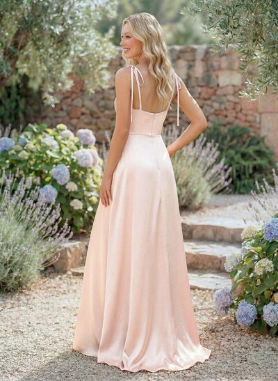 A-Line Cowl Neck Sexy Spaghetti Straps Silk Like Satin Bridesmaid Dresses With High Split