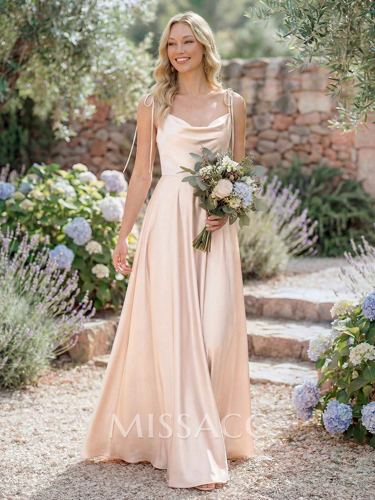 A-Line Cowl Neck Sexy Spaghetti Straps Silk Like Satin Bridesmaid Dresses With High Split A-Line Cowl Neck Sexy Spaghetti Straps Silk Like Satin Bridesmaid Dresses With High Split