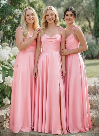 A-Line Cowl Neck Sexy Spaghetti Straps Silk Like Satin Bridesmaid Dresses With High Split