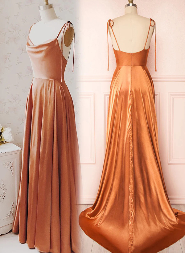 A-Line Cowl Neck Sleeveless Silk Like Satin Bridesmaid Dresses With Split Front